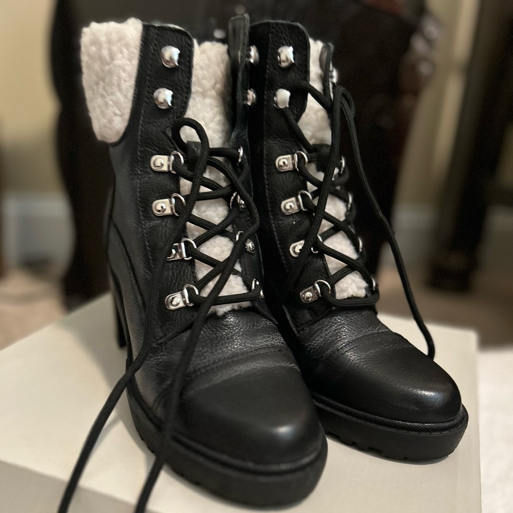 March Fisher lug sole bootie with white sherpa detail